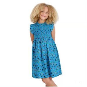 French Connection Girl's Smocked Cotton Ruffle Teal Blue Floral Dress